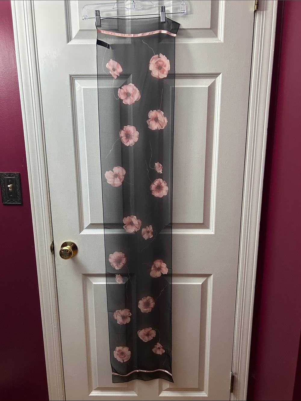 Echo 100% Silk Scarf — Long Black Pink Poppy Floral Print, 57" x 11"